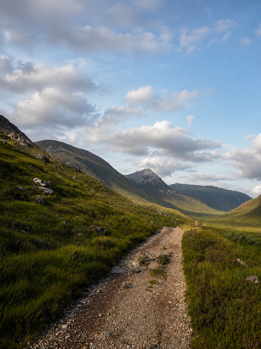 Footpath crossing the heather of Rannoch Moor with snow-topped mountains beyond